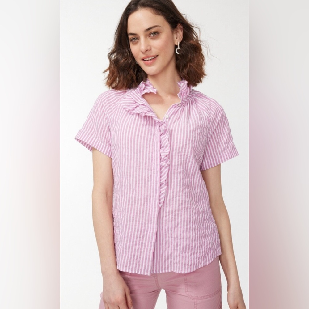Chico’s High Neck Stripe Button Shirt Ruffle Casual Lightweight Size 4